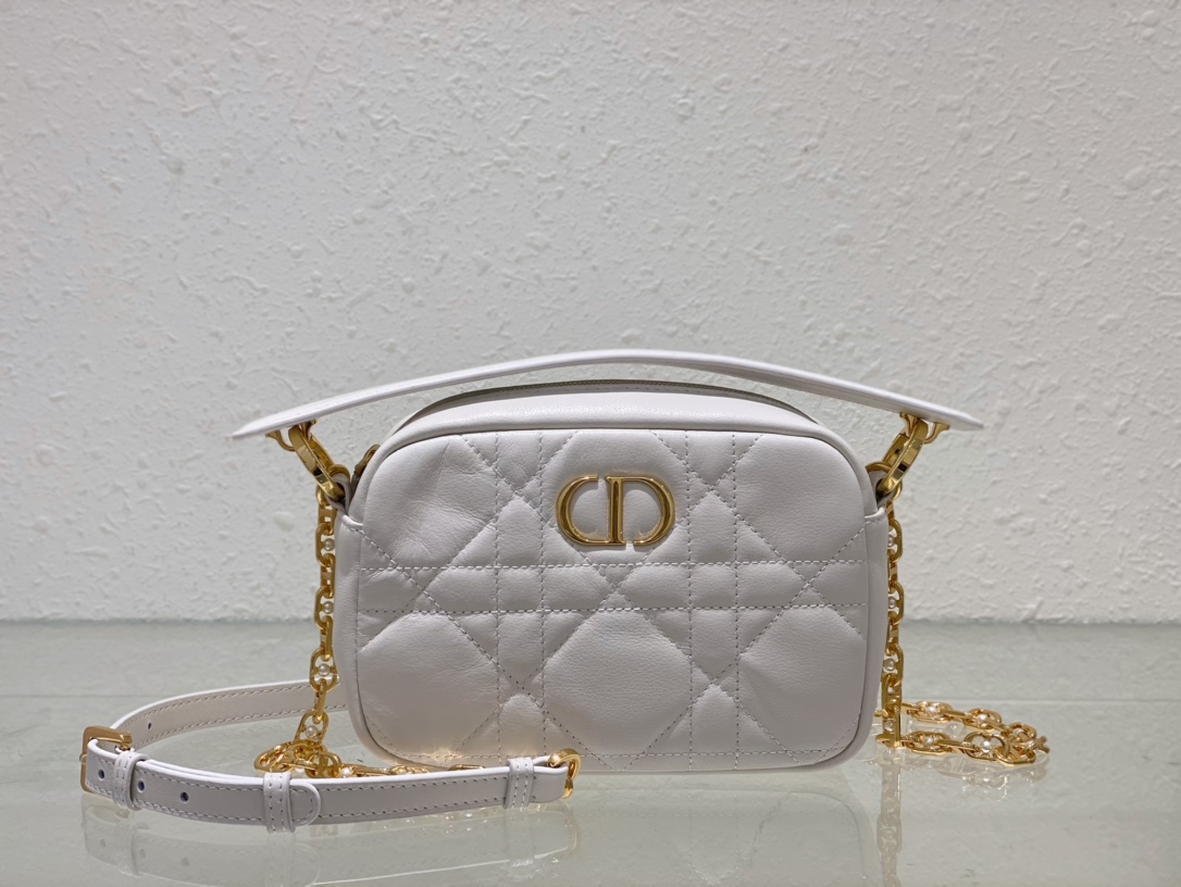 TOP Christian Dior Small Dior Caro Top Handle Camera Pack 19x13x4.5CM - Black/White - GHW