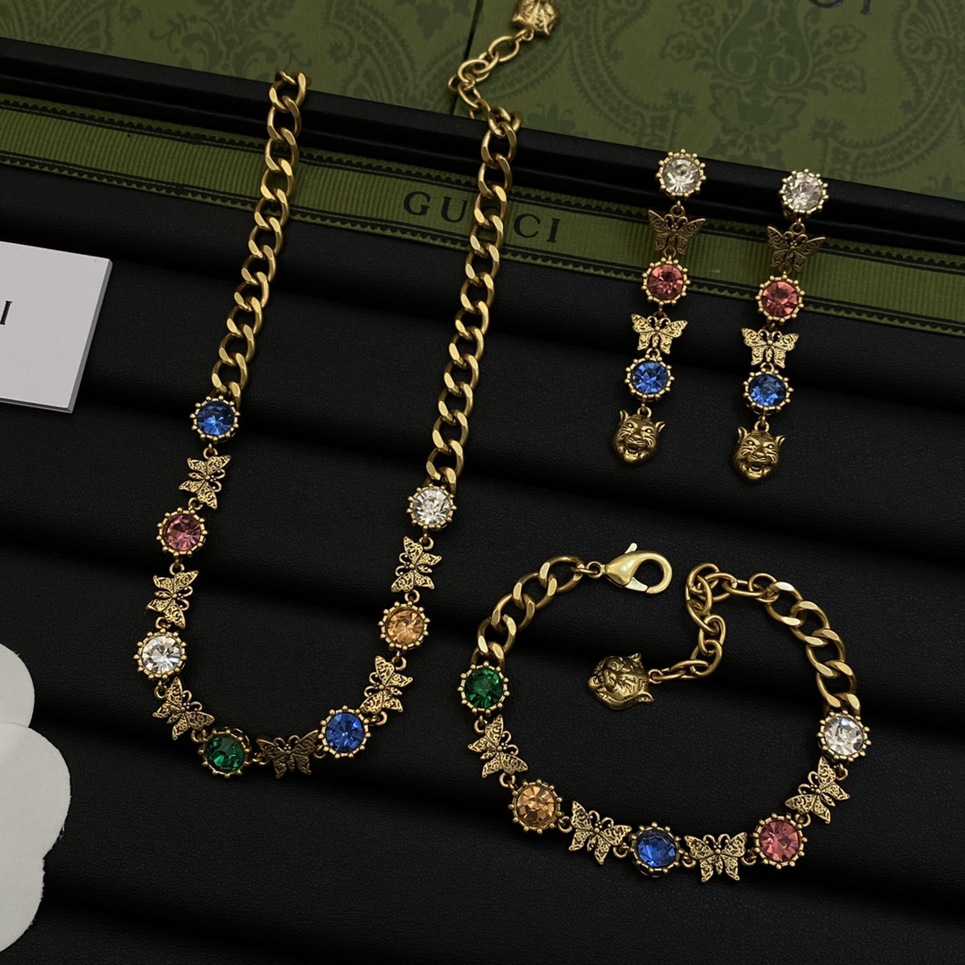 TOP GUCCI Butterfly/Crystal Earrings/Necklace/Bracelet - Gold