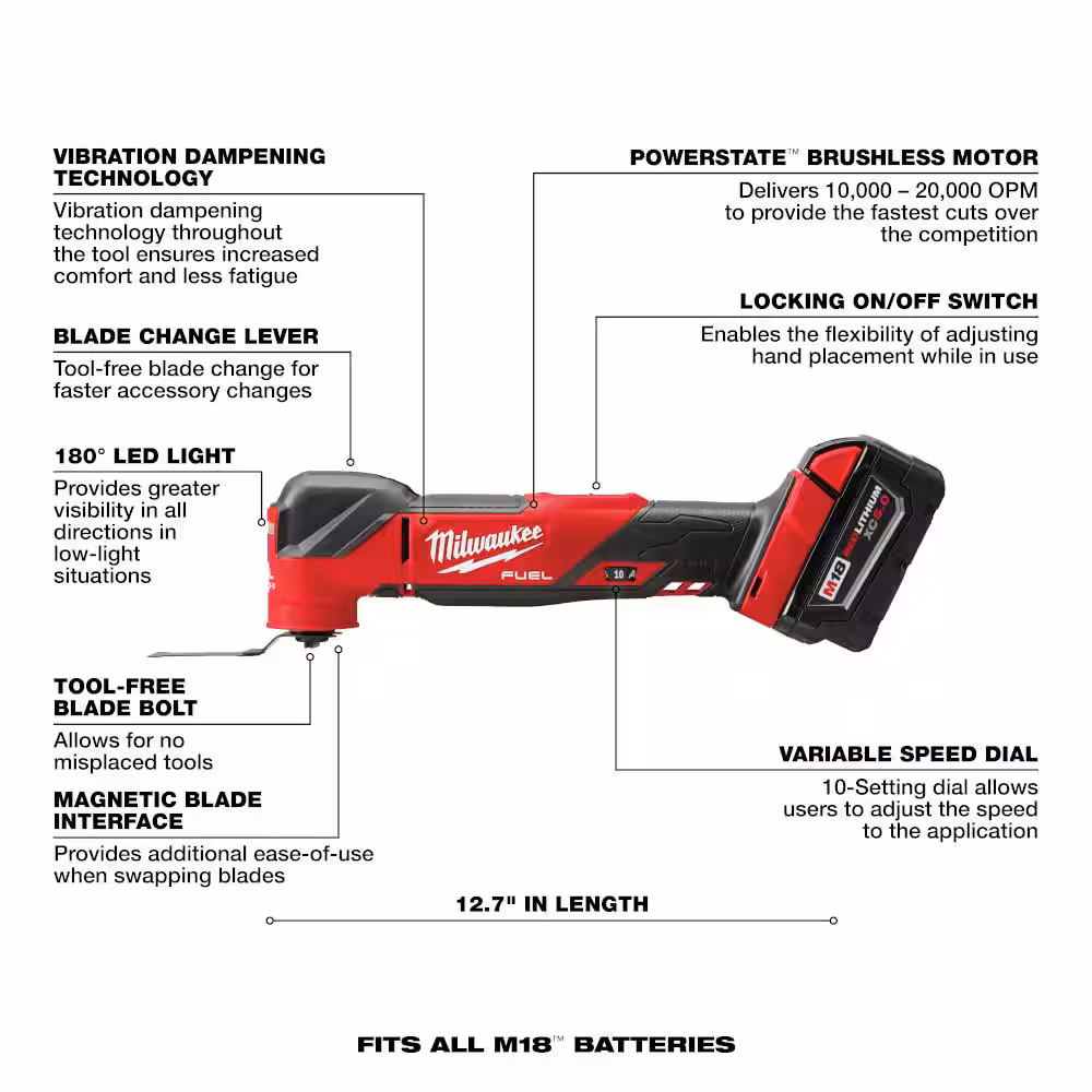M18 FUEL 18V Lithium-Ion Cordless Brushless Oscillating Multi-Tool Kit with one 5.0 Ah Battery, Charger and Tool Bag