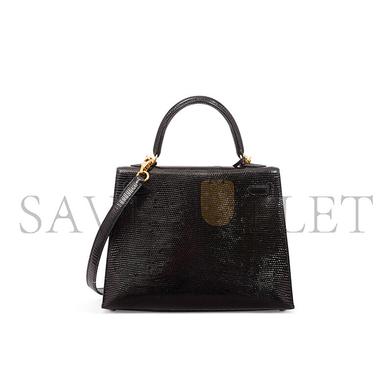 HERMÈS KELLY 25 BLACK LIZARD LEATHER GOLD BUCKLE (25*17*7cm)