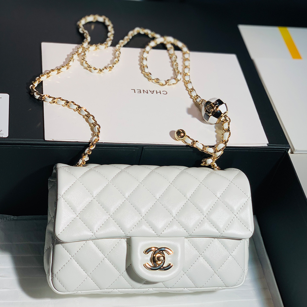 Chanel Classic Flag Bag Pearl Crush Mini Square Flap Bag White   Light Gold Hardware
