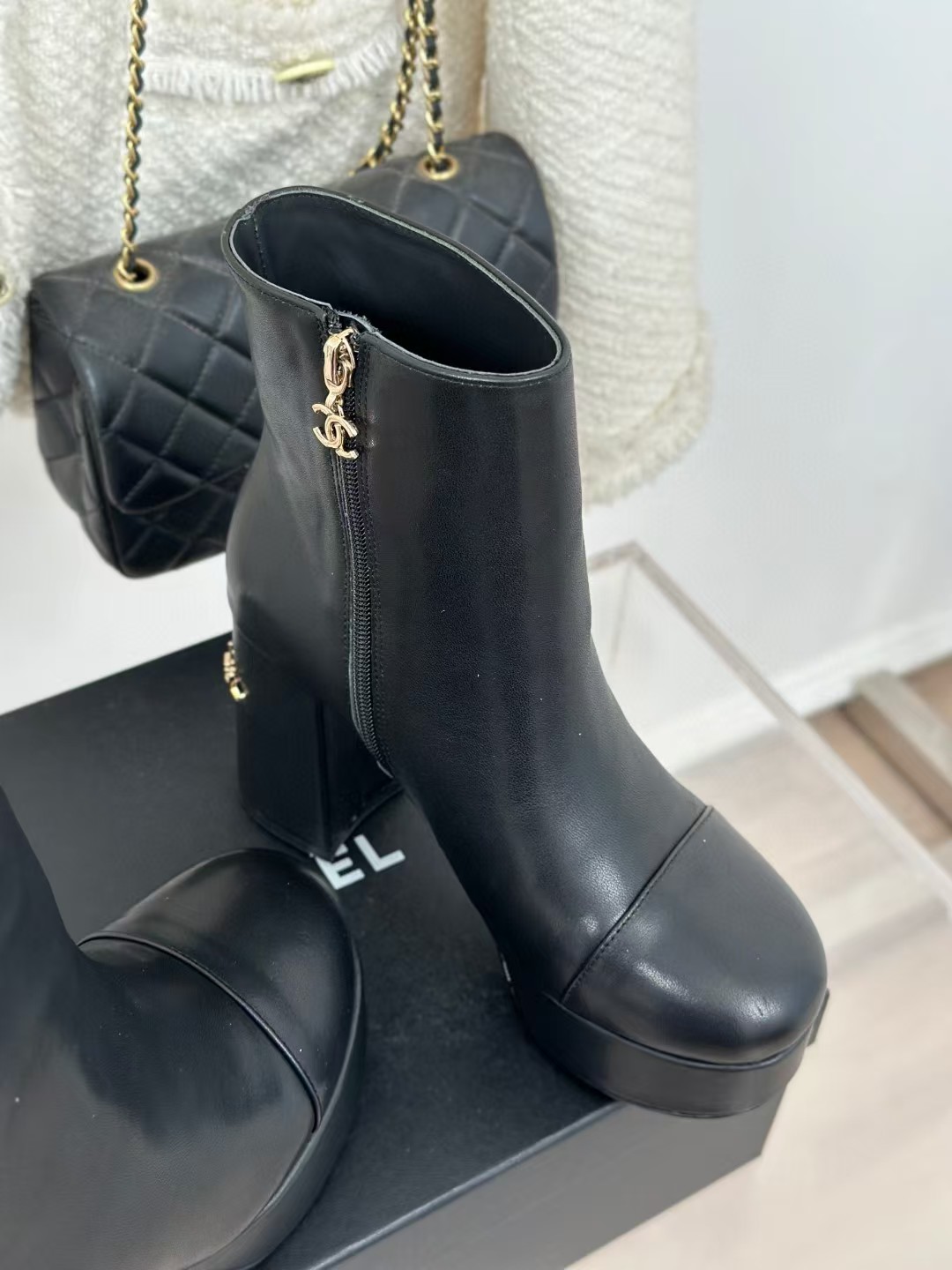 TOP CHANEL Cowhide Embossed Classic  Boots - Black