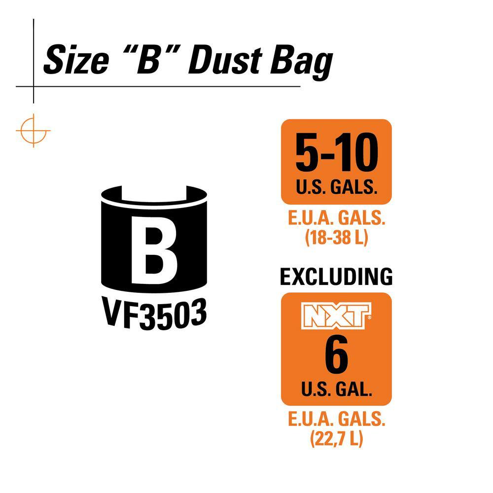 High-Eff. Wet Dry Vacuum Dry Pick-up Only Dust Bags for Select 5-10 Gallon RIDGID Vacs, except HD0600, Size B (6-Pack)