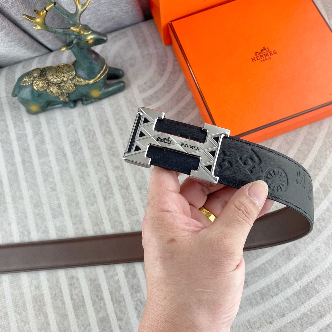 HERMES Men's Geometric H Buckle Embossed Letter Leather Belt, Luxury Business Casual Waist Belt