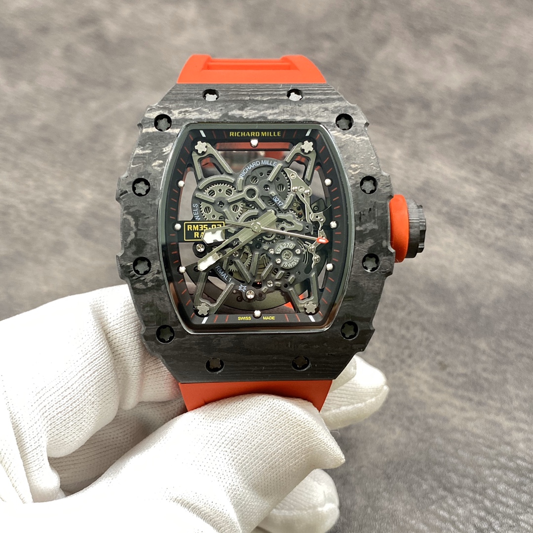 Richard Mille RM35-02 Skeleton Automatic Watch, Carbon Fiber Case with Orange Rubber Strap