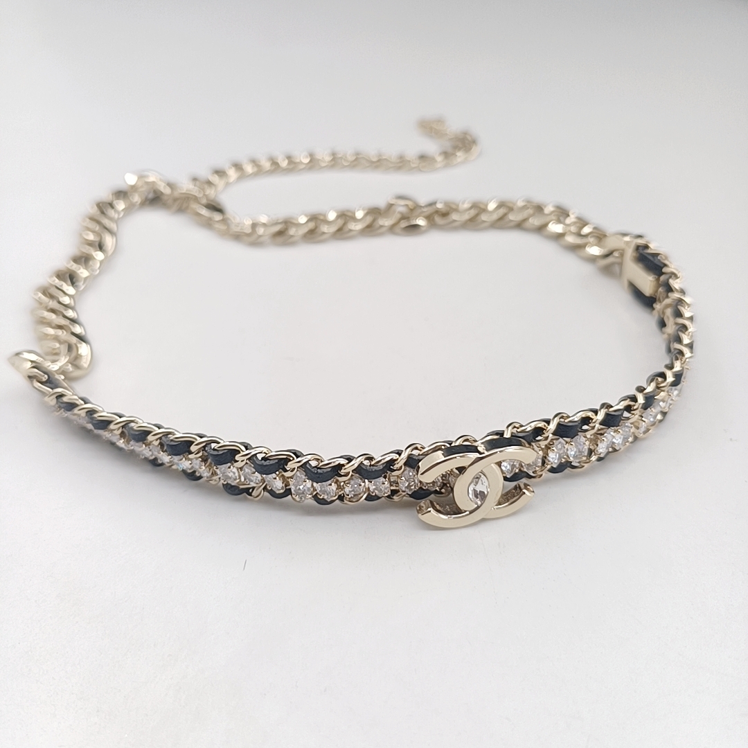 TOP CHANEL Black Leather Marquise Diamond Necklace