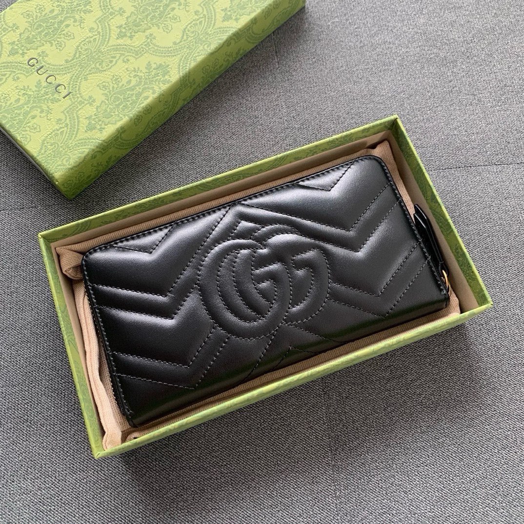TOP GUCCI Marmont Series Zippered Wallet - Black&GHW