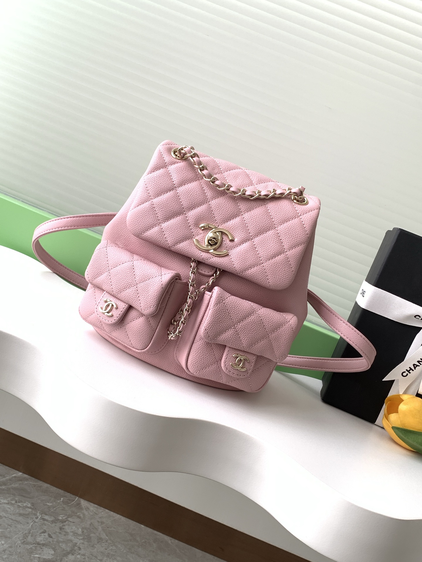 TOP CHANEL Duma Backpack Bag Lychee Pattern Cowhide 21x20x12cm - Pink