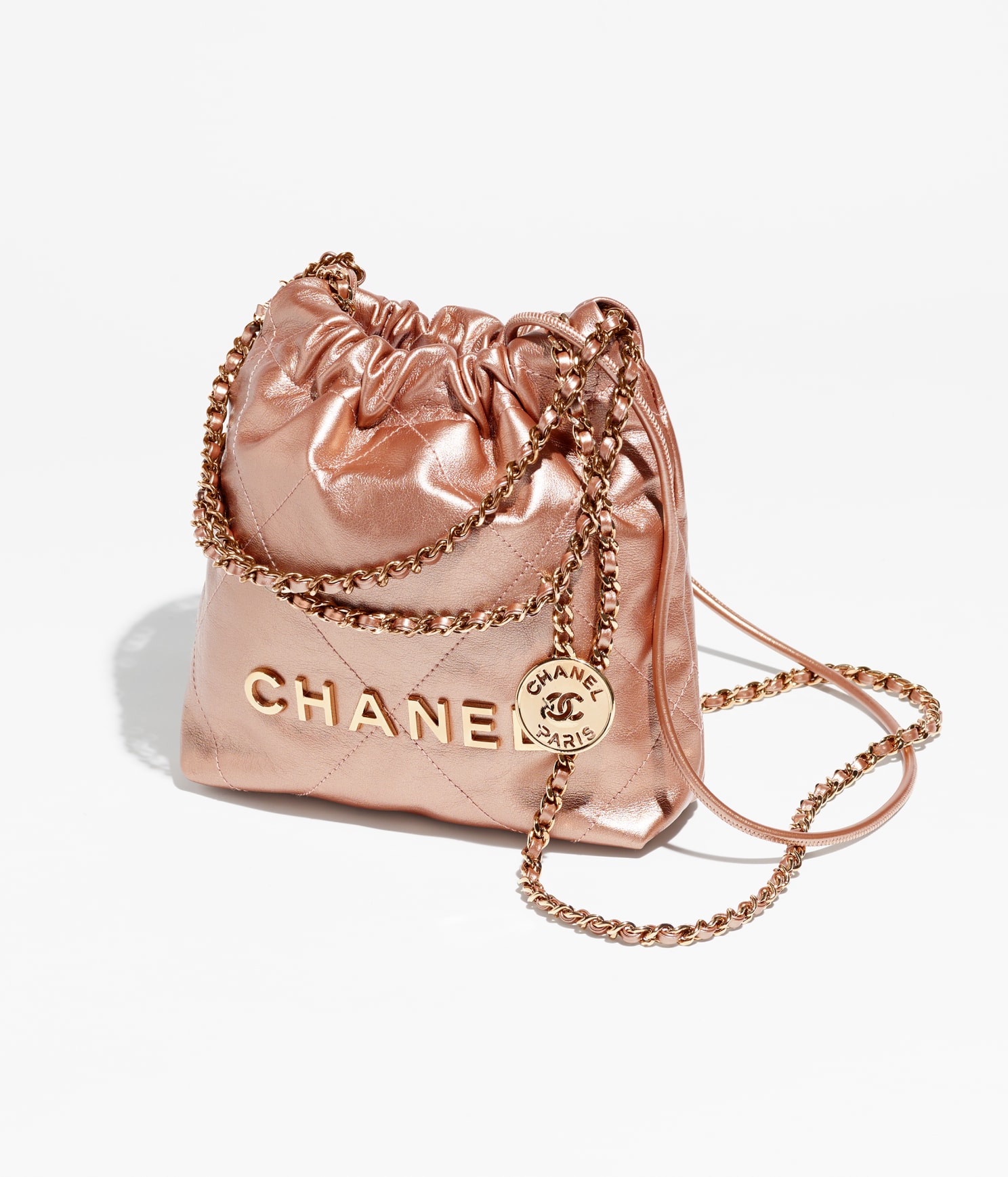 CHANEL 22 MINI HANDBAG Metallic Calfskin & Pink Gold-Tone Metal Copper