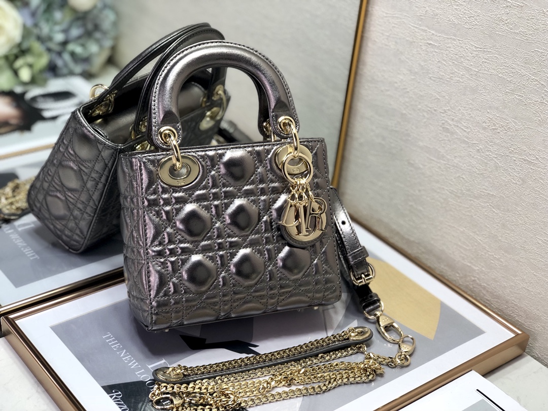 TOP Christian Dior Lady Christian Dior Bag Mini 17cm - Antique Silver&GHW