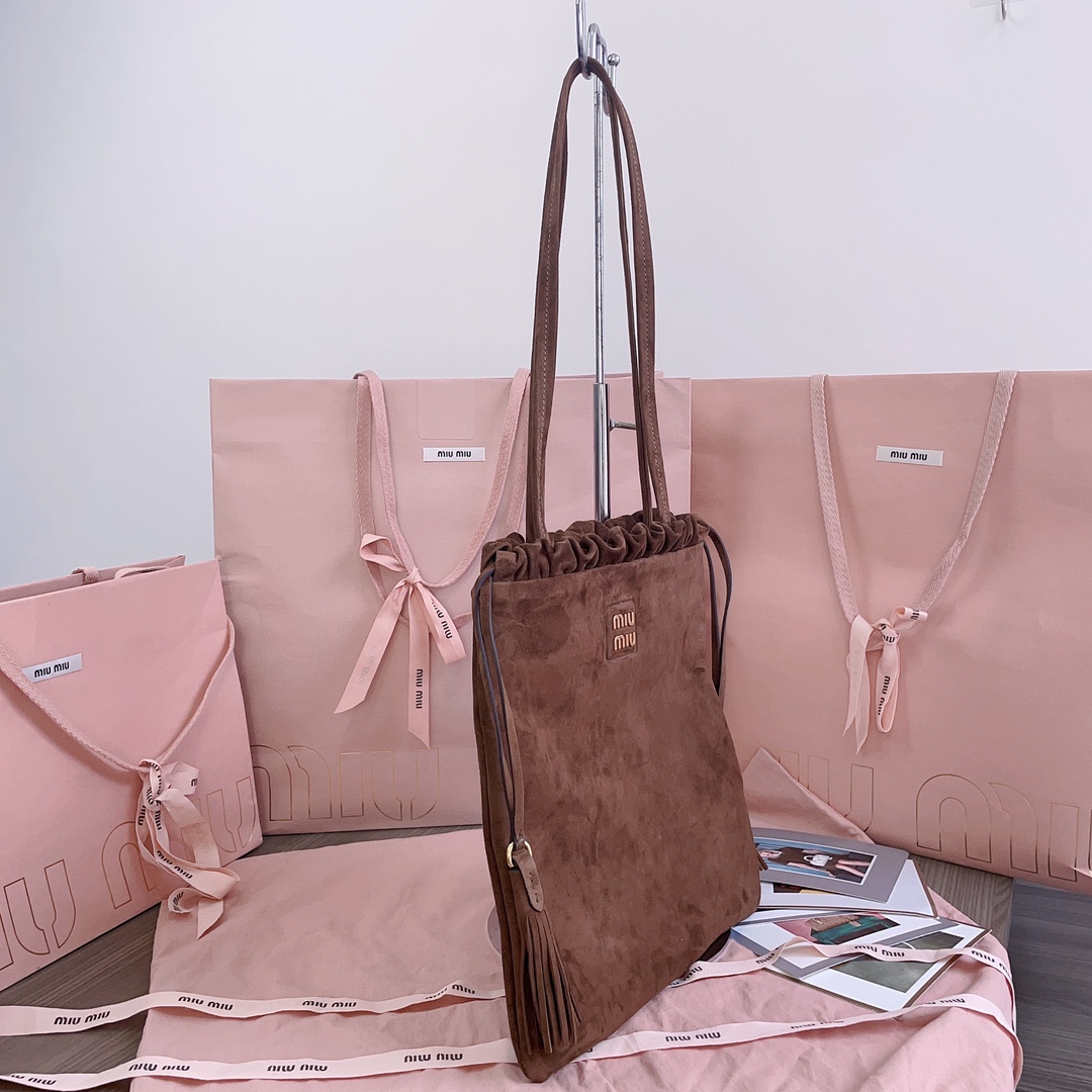 TOP Miu Miu Tote Bag with Tassel Drawstring Suede 28x31cm - Brown
