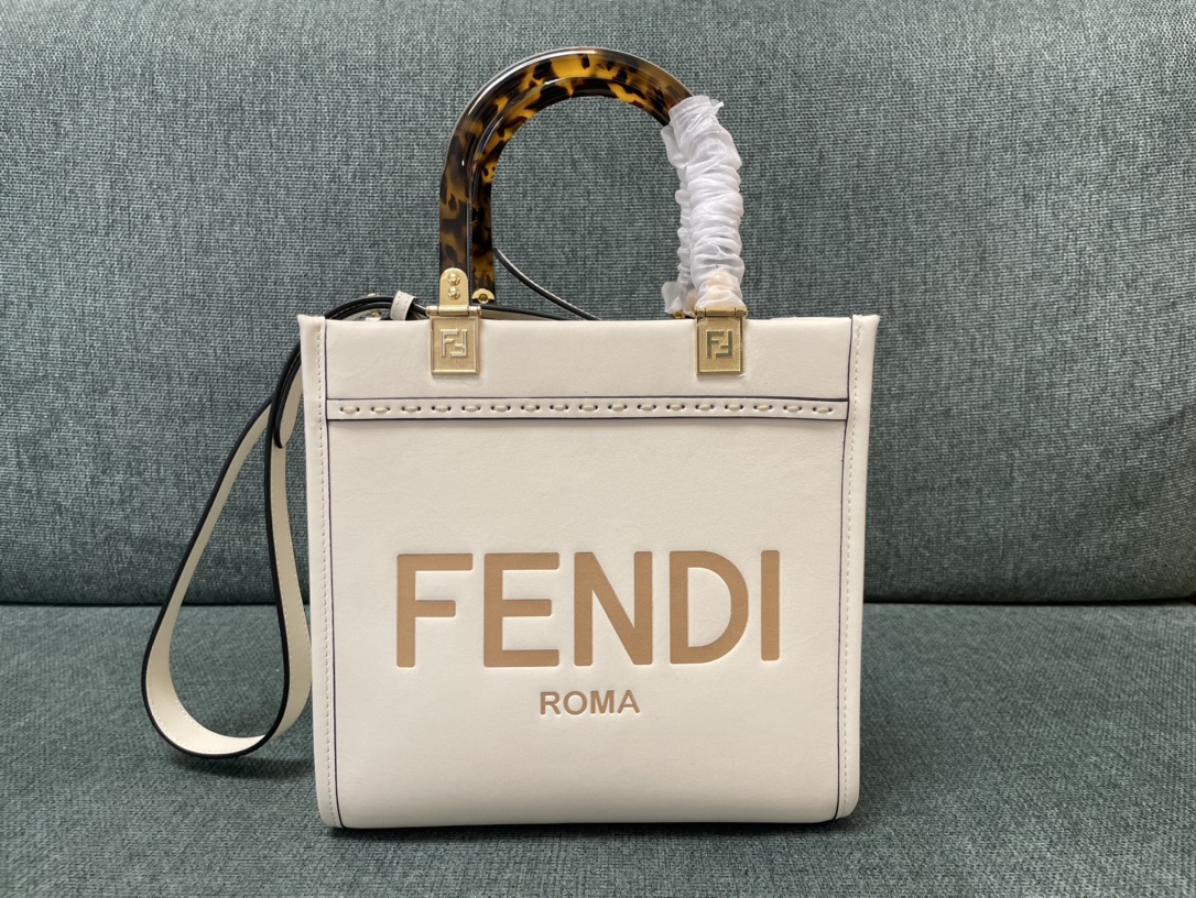 TOP FENDI Leather Sunshine Tote Small Shopping Bags 25.5x12x22.5cm - White