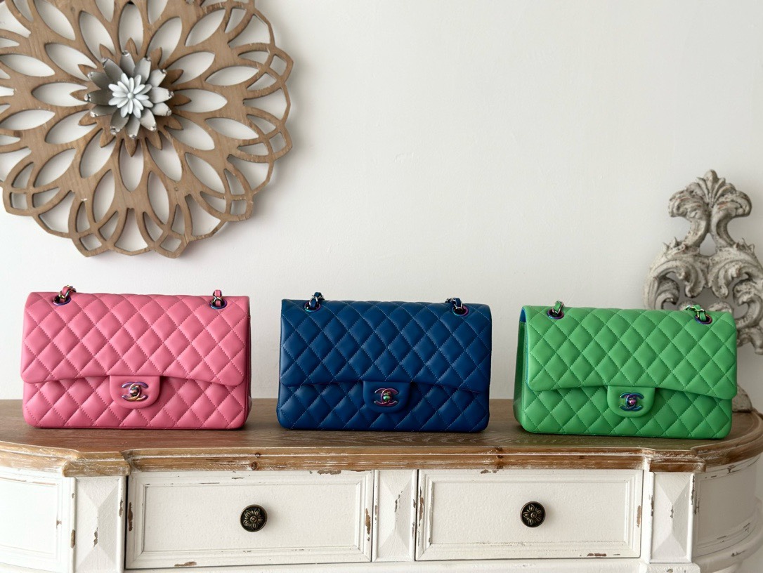 TOP CHANEL Lambskin Color Buckle Flap Bag 25.5×15×6cm-3 Colors