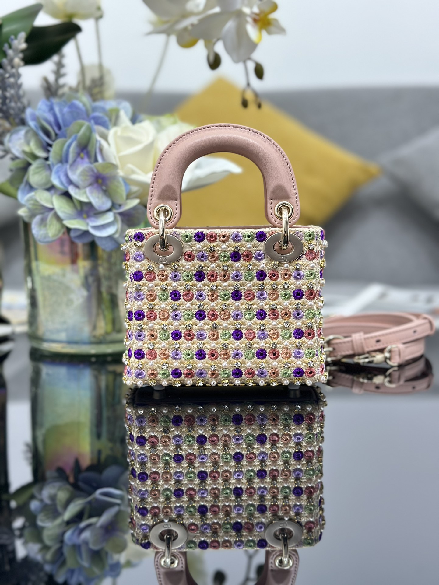 TOP Christian Dior Lady Dior Mini Embroidered Mirror Beads 12*10.2*5cm - Pink - GHW