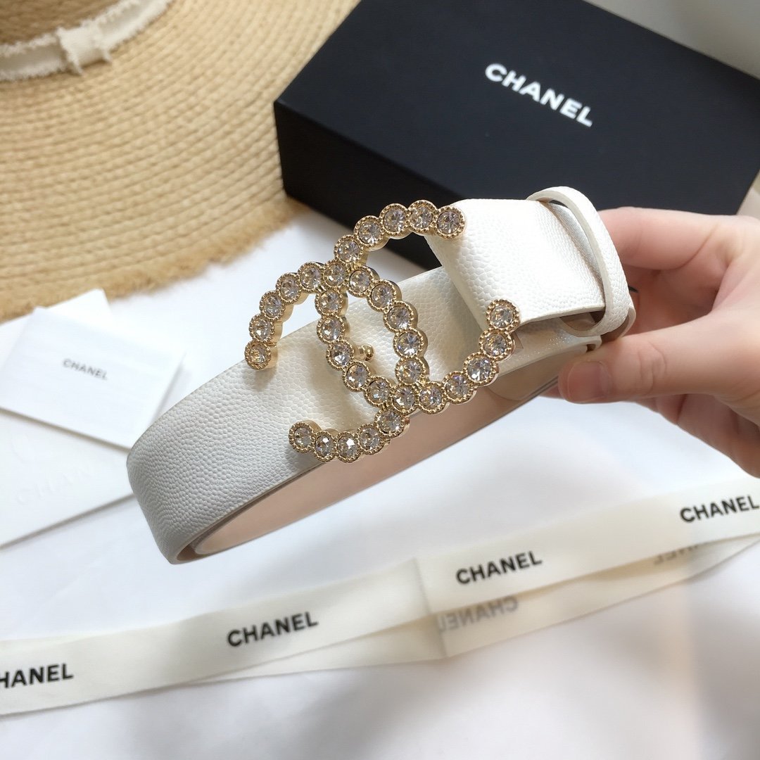 Chanel Belt With Beaded Buckle White With Gold Toned Hardware Women Belt 30MM