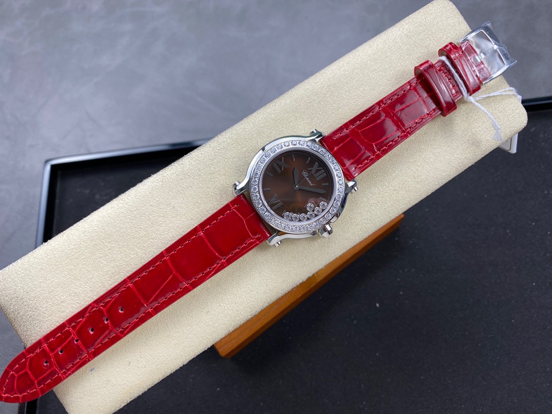 Chopard Happy Sport Ladies Watch, Diamond Bezel, Bright Red Crocodile Leather Strap Wristwatch