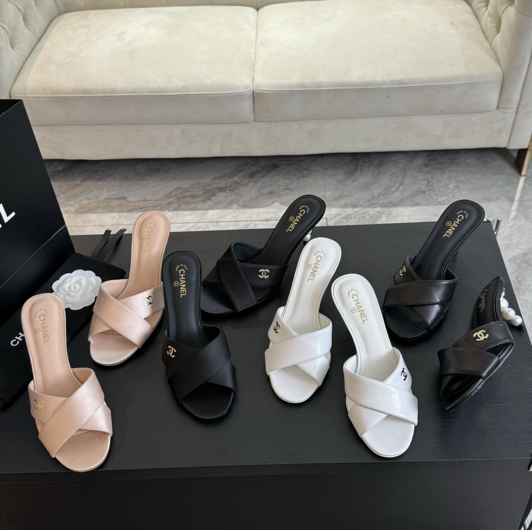 TOP CHANEL Pearl Heel 7cm High Heel Slides - 4 Color