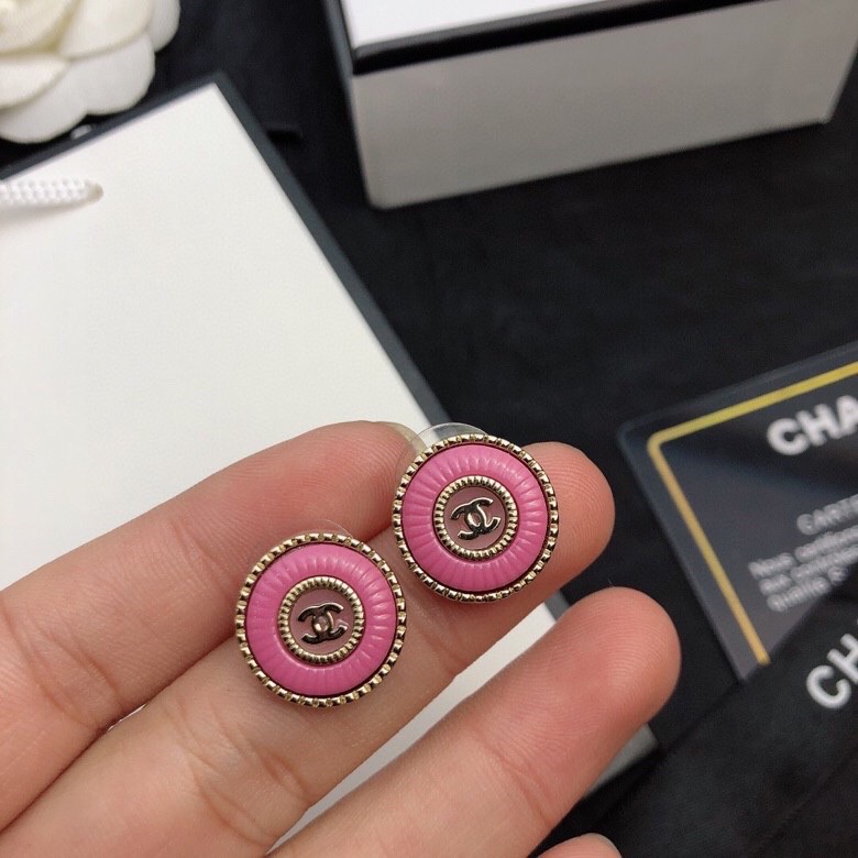 TOP CHANEL Double C Metal Round Stud Earrings - Pink