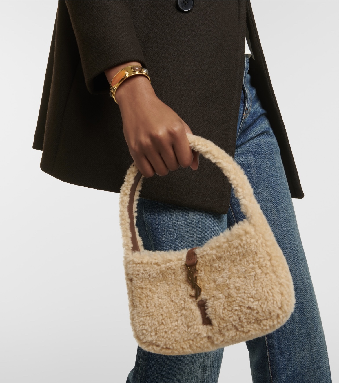 TOP Yves Saint Laurent YSL Lamb's Wool Small Le 5A7 Bag 19×11.5×4.5cm - Beige&GHW