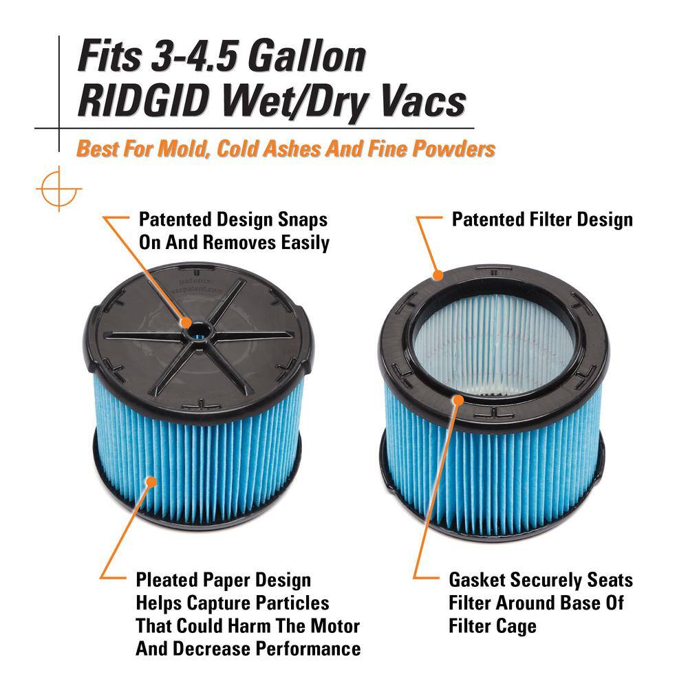 Fine Dust Pleated Paper Wet Dry Vacuum Shop Vac Filter Replacement for Most 3-4.5 Gallon RIDGID Shop Vacs (1-Pack)