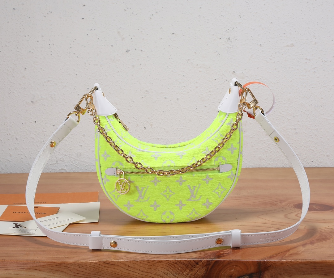 TOP Louis Vuitton LV Monogram Jacquard Flannel Loop Half-Moon Underarm Bag 23 x 13 x 6 cm-Yellow