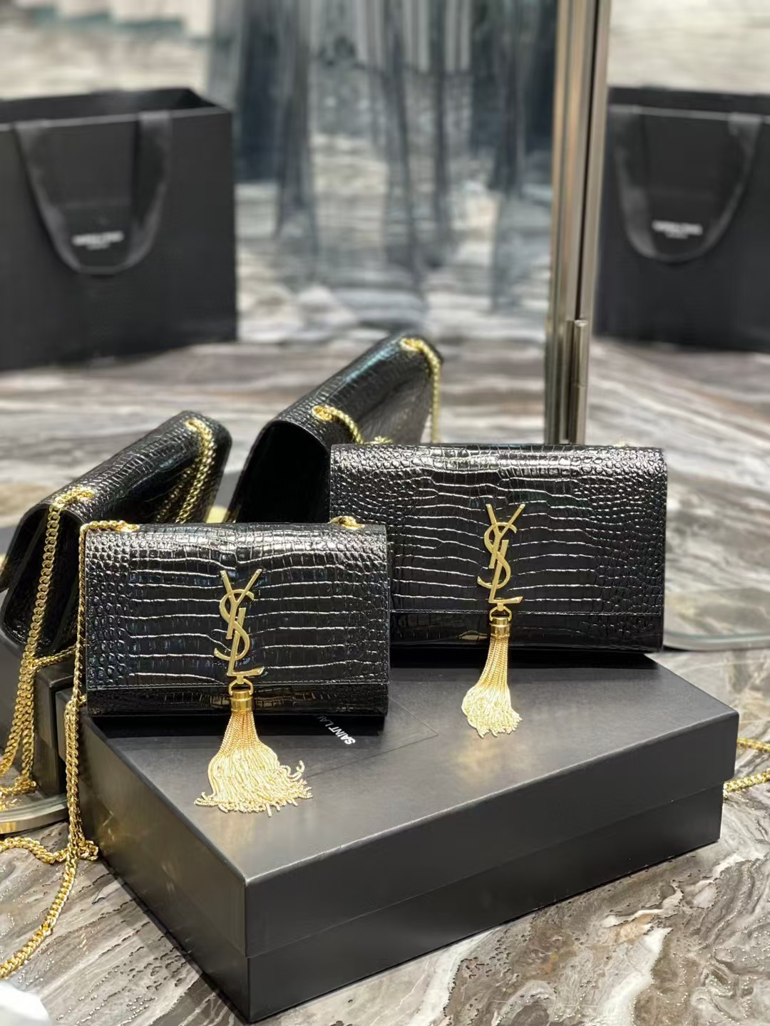 TOP Yves Saint Laurent YSL Kate Tassel Bag Croc Embossed Cowhide 20x13.5x5.5cm/24x14.5x5cm - Black&SHW/GHW