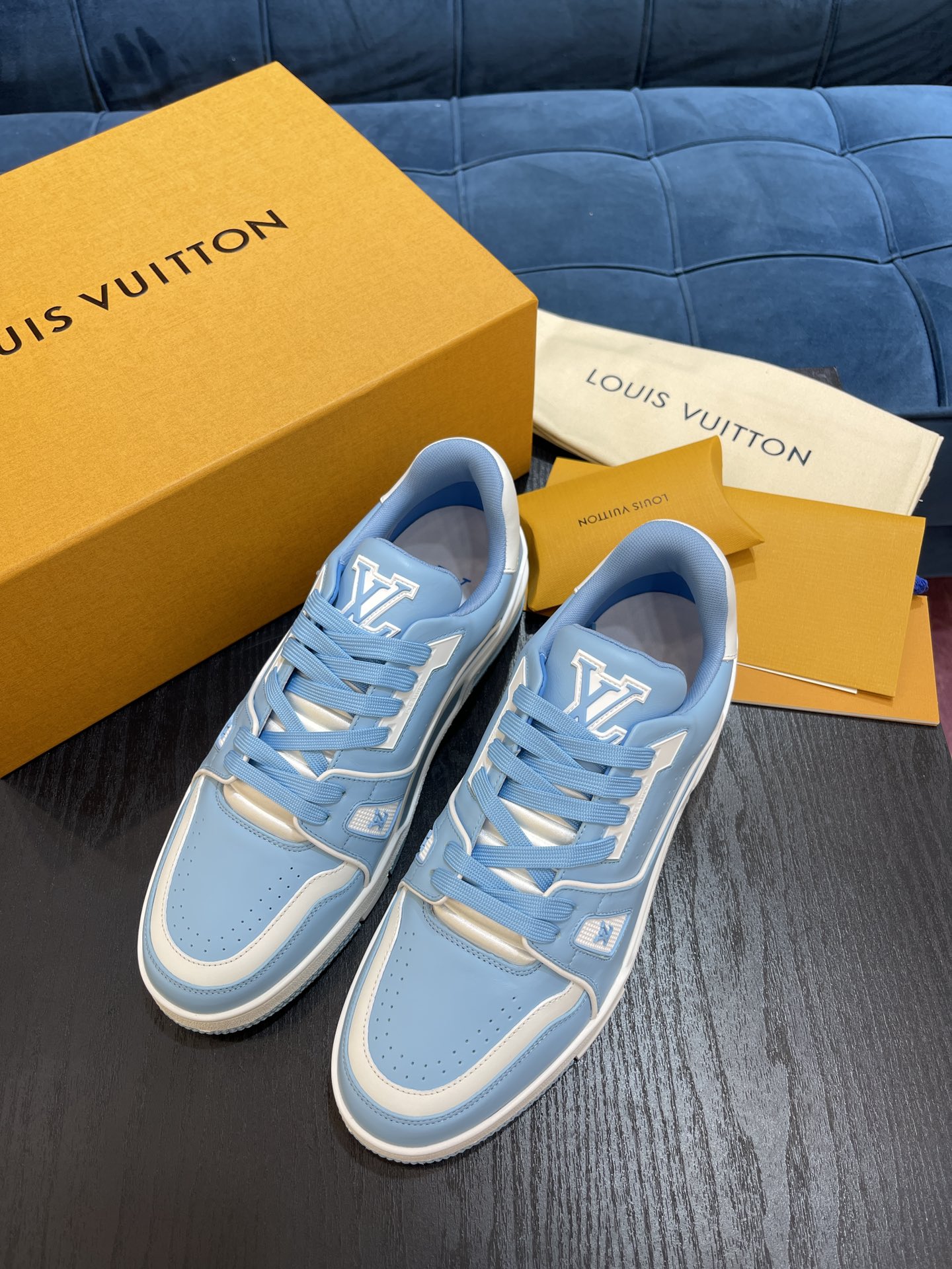Louis Vuitton Trainer #54 Low‑Top Sneakers Baby Blue White Calf Leather Casual Shoes