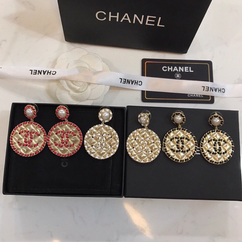 TOP CHANEL Double C Metal Leather Round Stud Earrings - 3 Colors