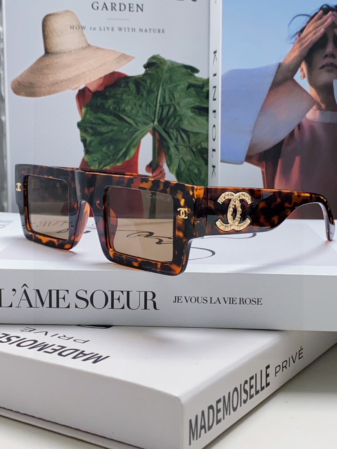 Chanel Square Frame Sunglasses, Gold Double C Logo UV Protection Flat Top Shades for Women