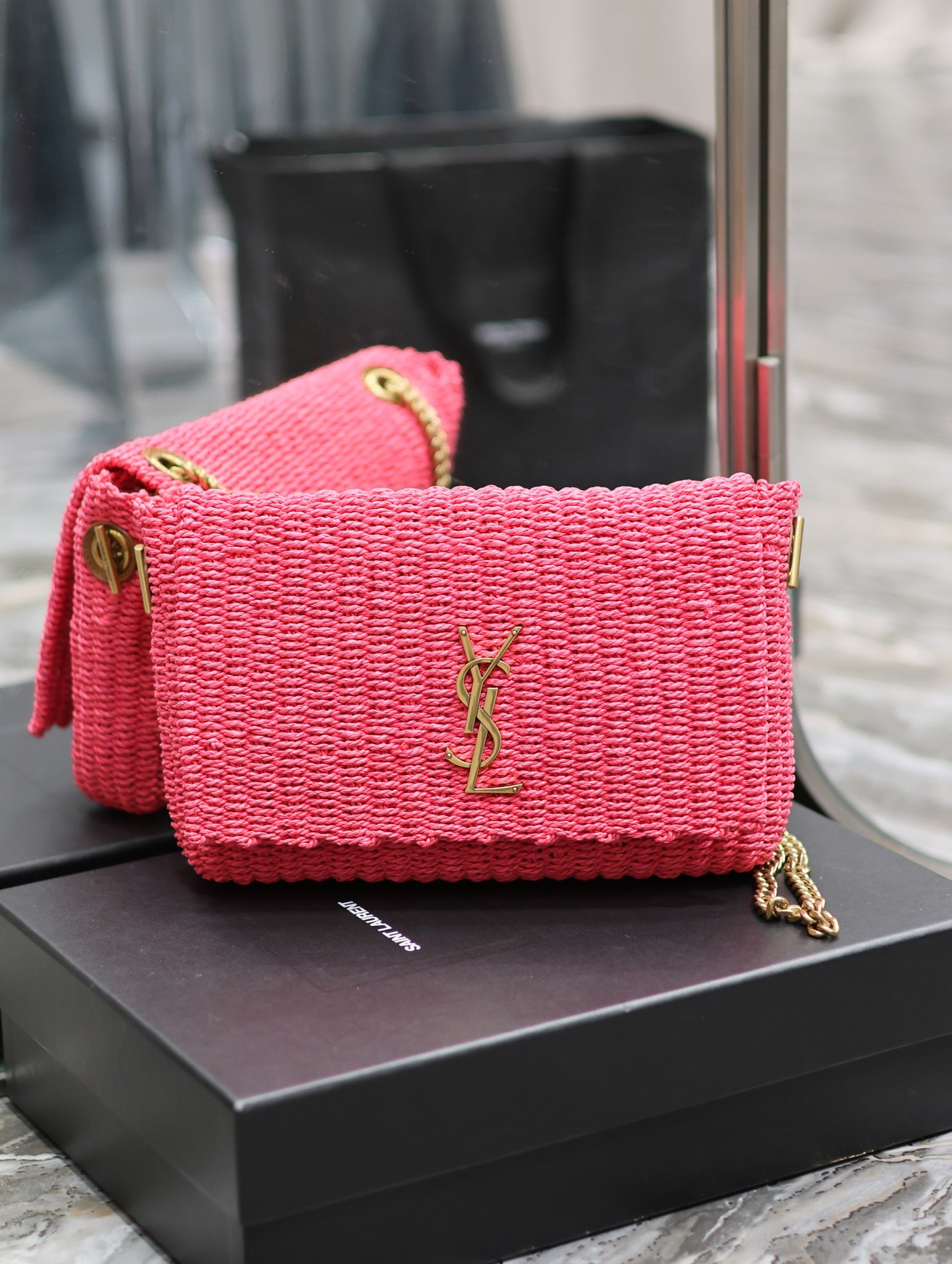 TOP Yves Saint Laurent YSL Lafite Grass Vine Weaving Craft Chain Pack - Rose Pink&GHW
