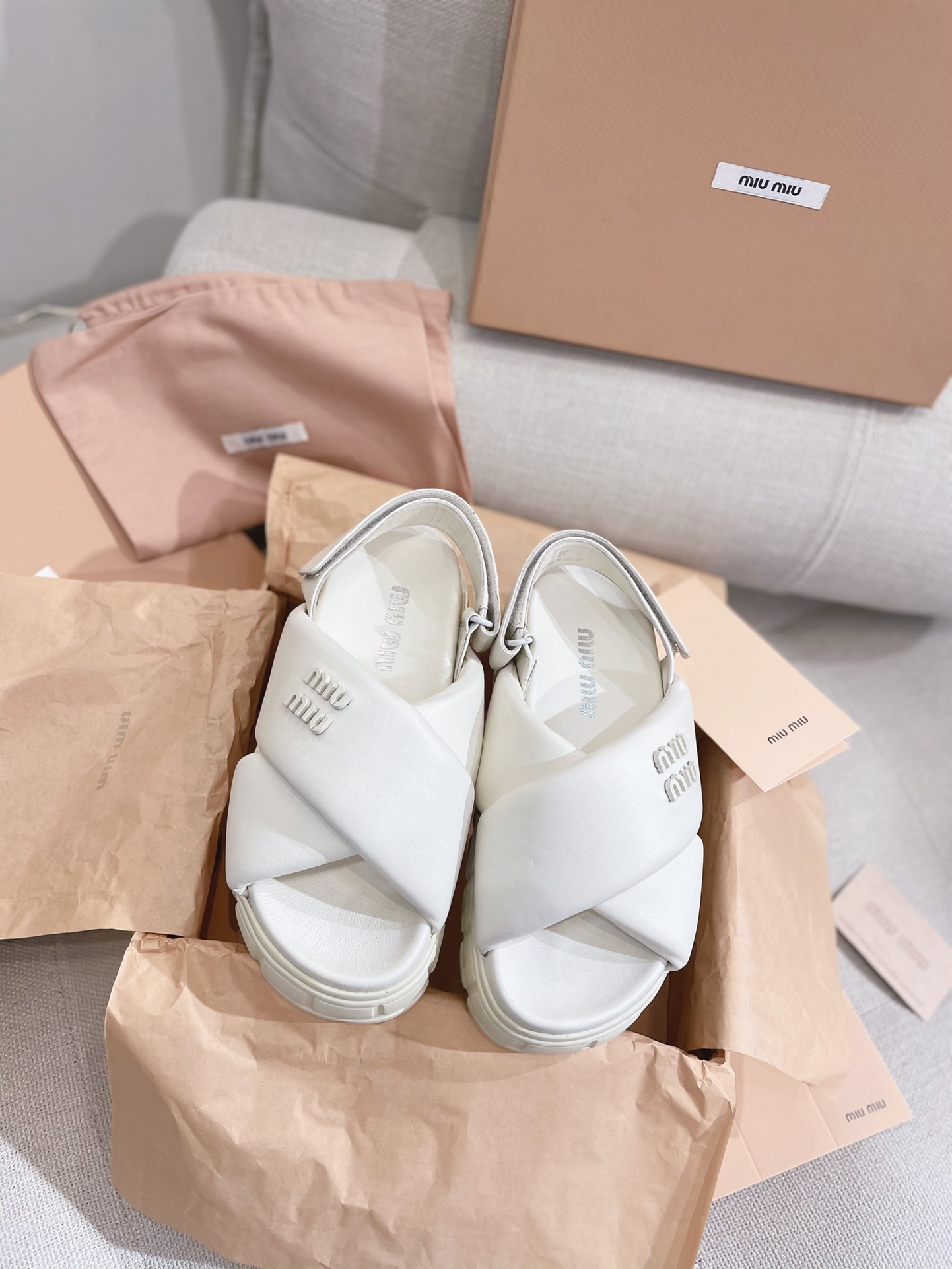 TOP Miu Miu Soft Lambskin Cross Strap Thick Sole Sandals - 2 Colors