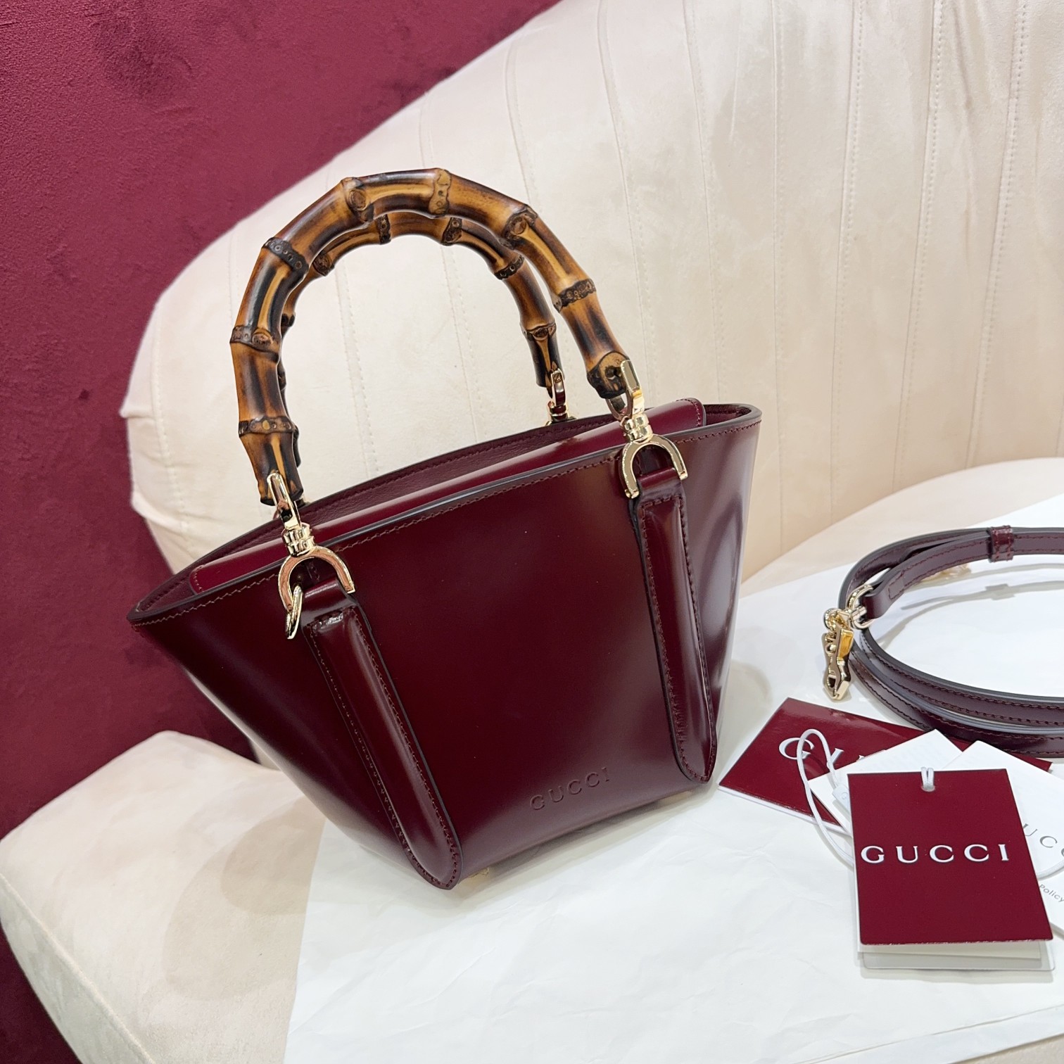 TOP GUCCI Bamboo Bag Ankera red imported cowhide 16x27x14cm - Red