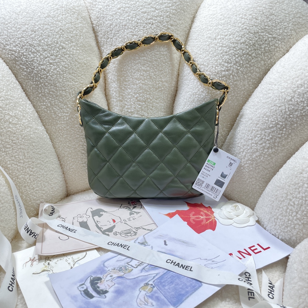 TOP CHANEL Lambskin Hobo Bag 17.5X24X6cm - Military Green&GHW
