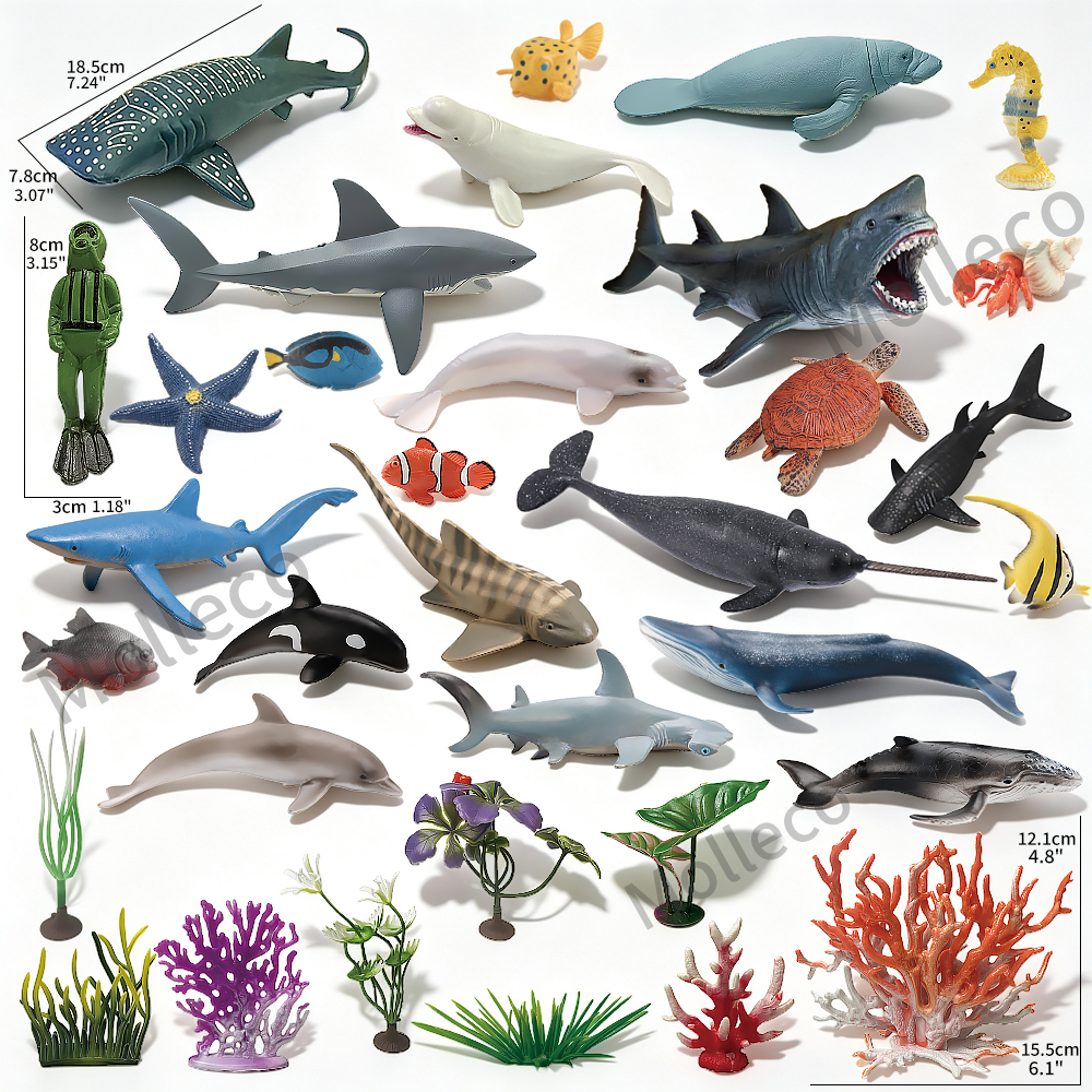 Molleco Marine Animal Figure Toy Set for Kids and Children ST080 25 Animals + Diver + Props