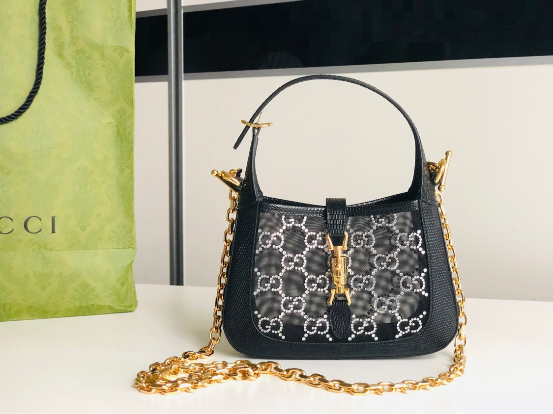 TOP GUCCI Jackie 1961 Tote Bag Diamond with Lizard Skin Mini 19x13x3cm - Black