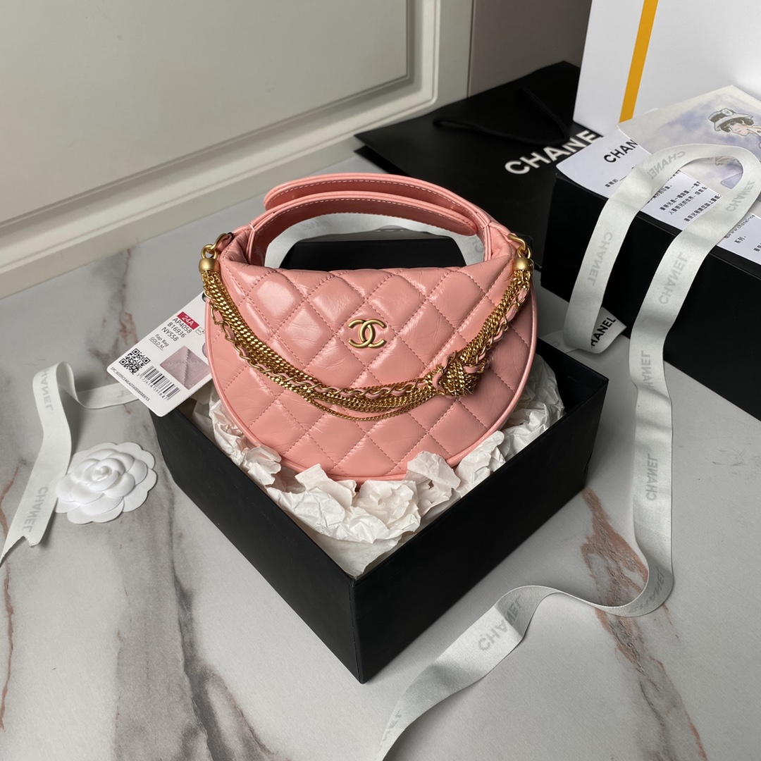 TOP CHANEL Double Chain Round Hobo Pouch Bag 18cm - 2 Color