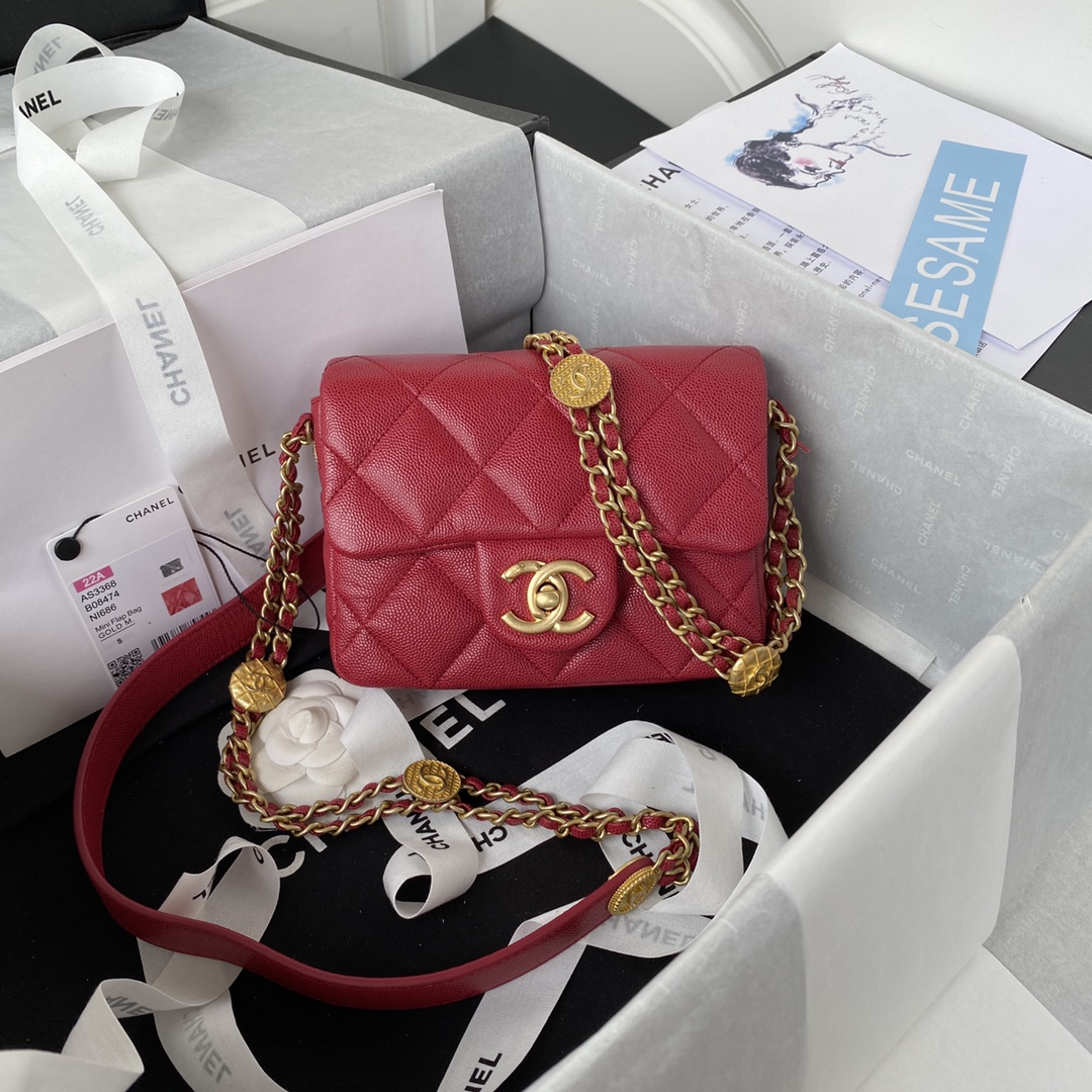 TOP CHANEL Classic Flap Bag Coin Calfskin Mini 13 x 17 x 6 cm - Red & GHW