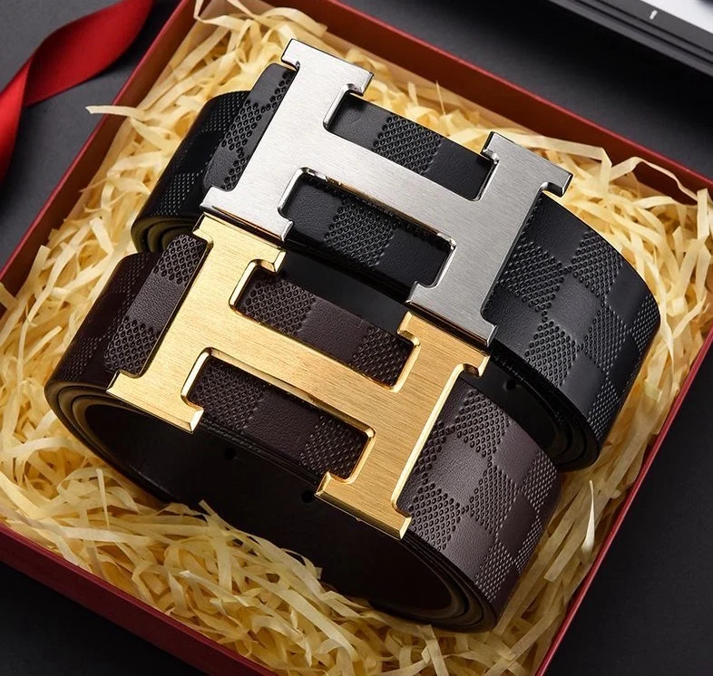 AAABELT Men Checkered Texture Leather Belt, Letter H Metal Slide Buckle Business Waist Belt