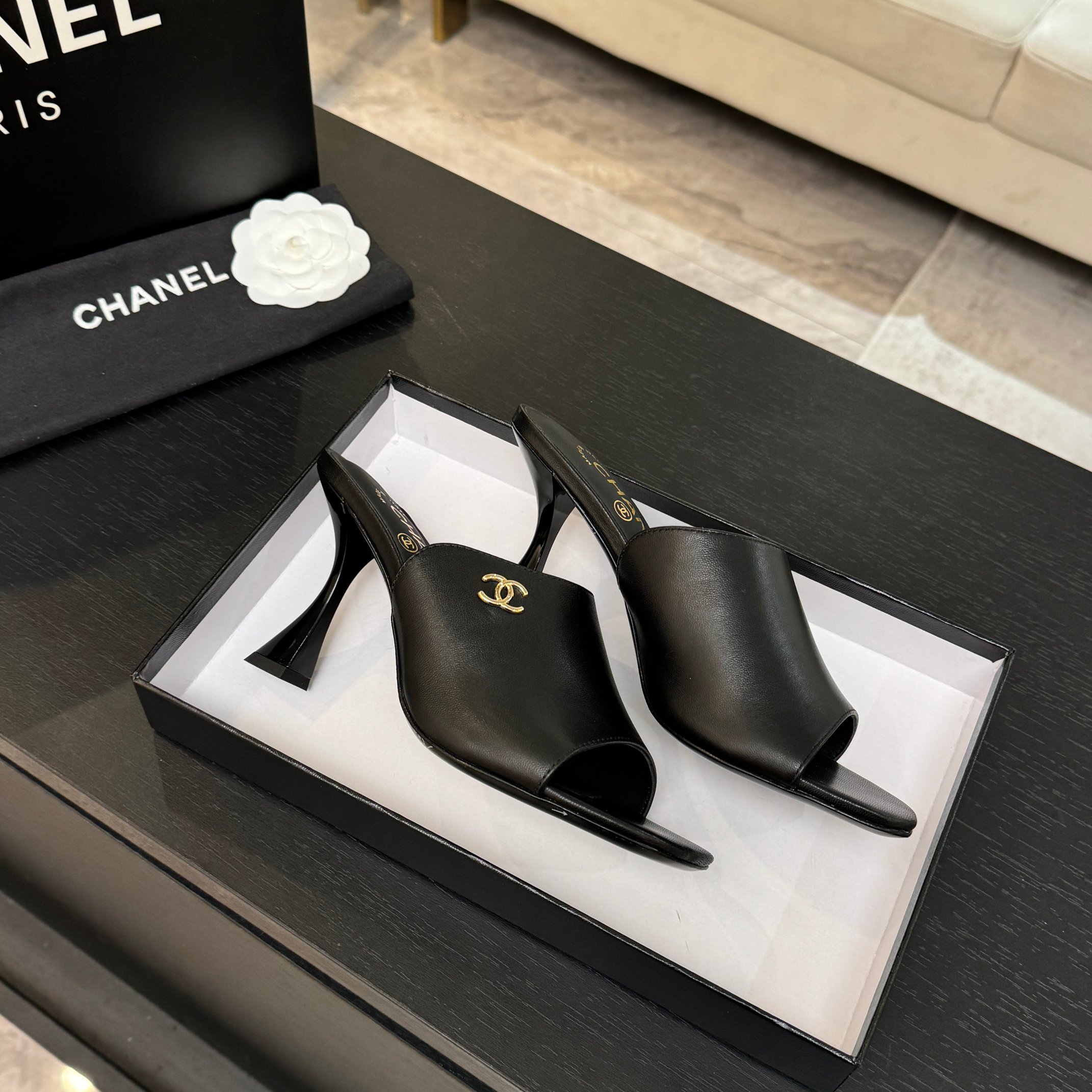 TOP CHANEL Calfskin High Heel Sliders - Black