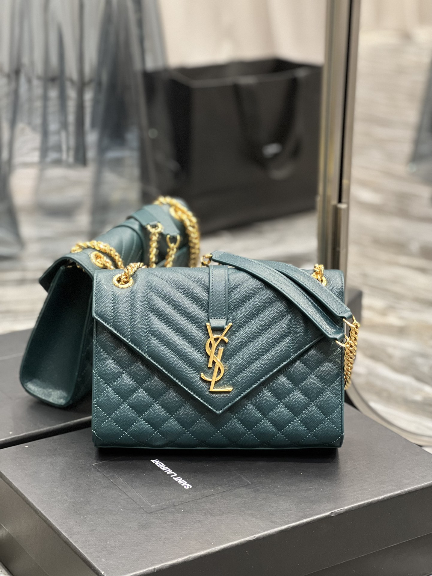 TOP Yves Saint Laurent YSL Medium Caviar Pattern Envelope Bags - Turquoise&GHW