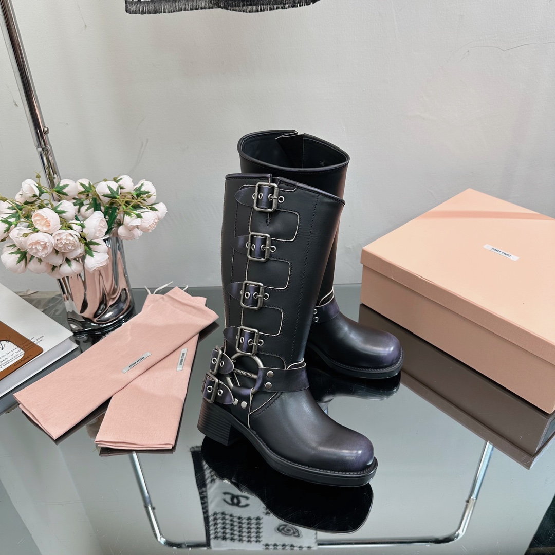 TOP Miu Miu Retro Western Catwalk Motorcycle High Boots - 3 Colors - Waxed Calfskin with 4 Buckles