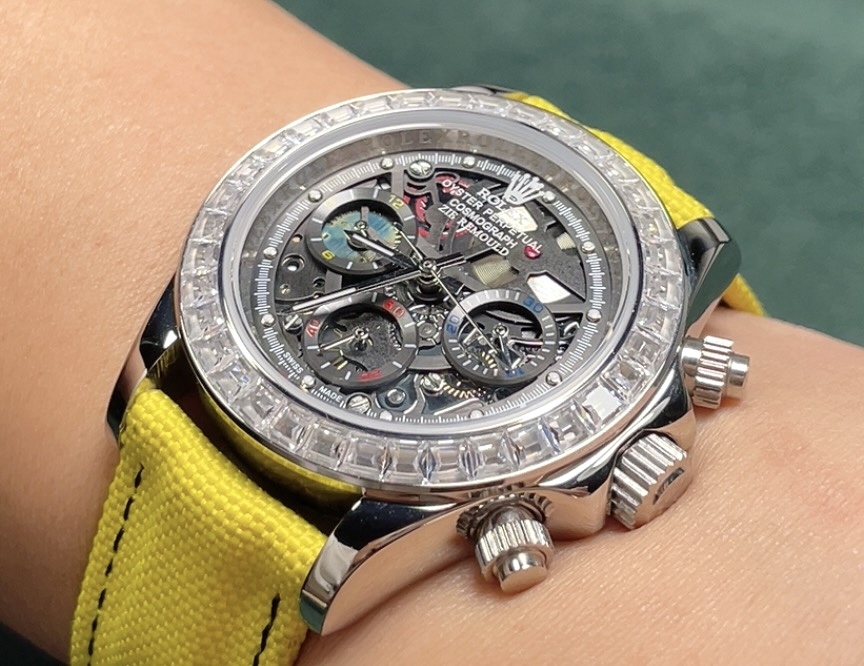 ROLEX Daytona Skeleton Chronograph Men Watch, Baguette Stone Bezel, Bright Yellow Canvas Strap With Velcro
