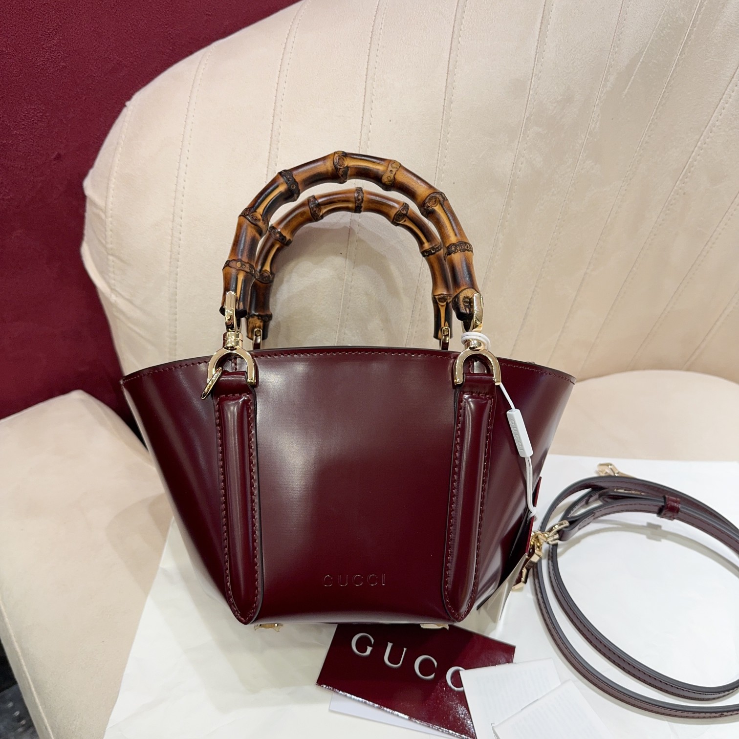 TOP GUCCI Bamboo Bag Ankera red imported cowhide 16x27x14cm - Red
