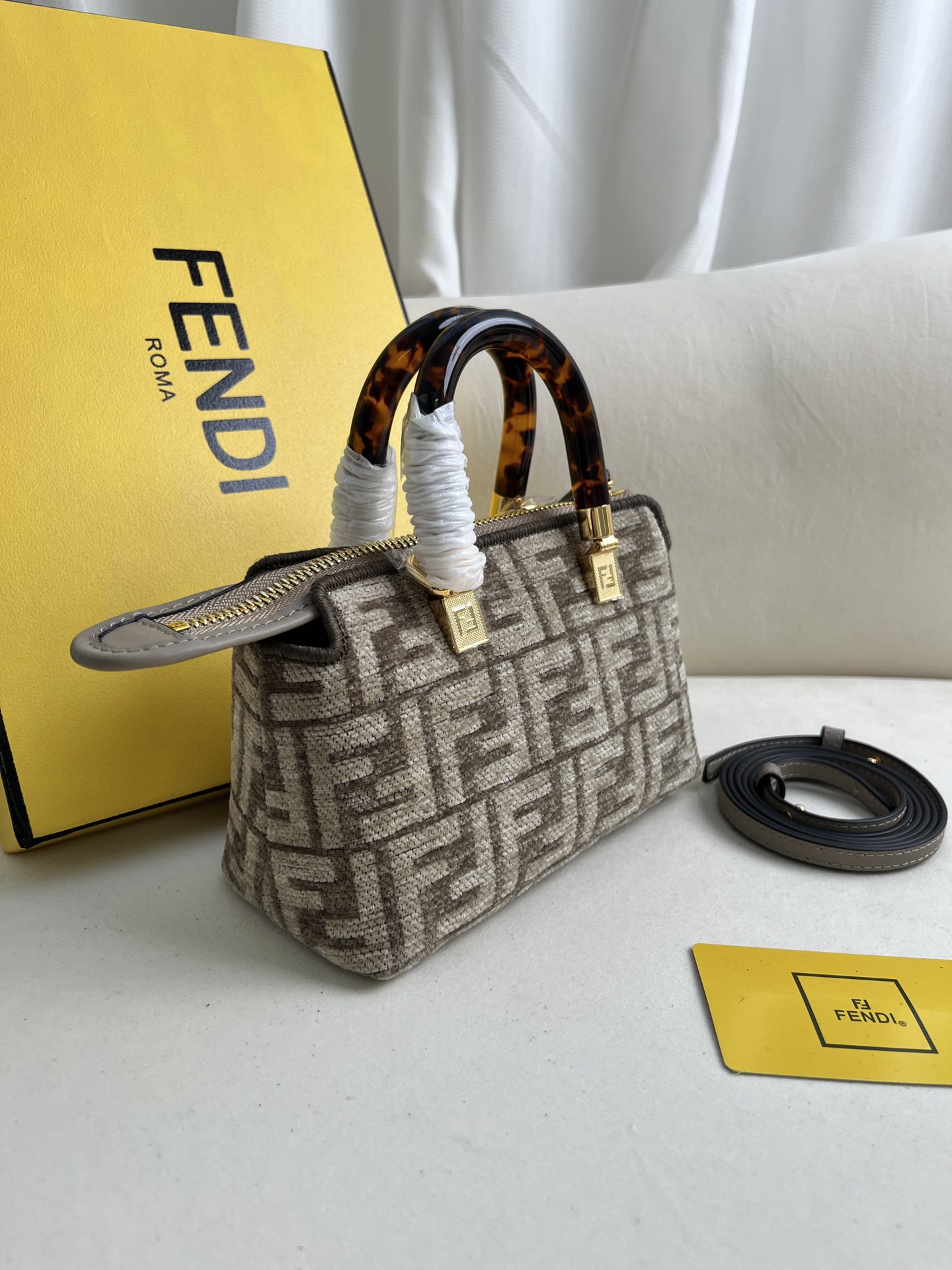 TOP FENDI By The Way Mini Bag Boston Bag In Brocade Fabric Bag - Gray