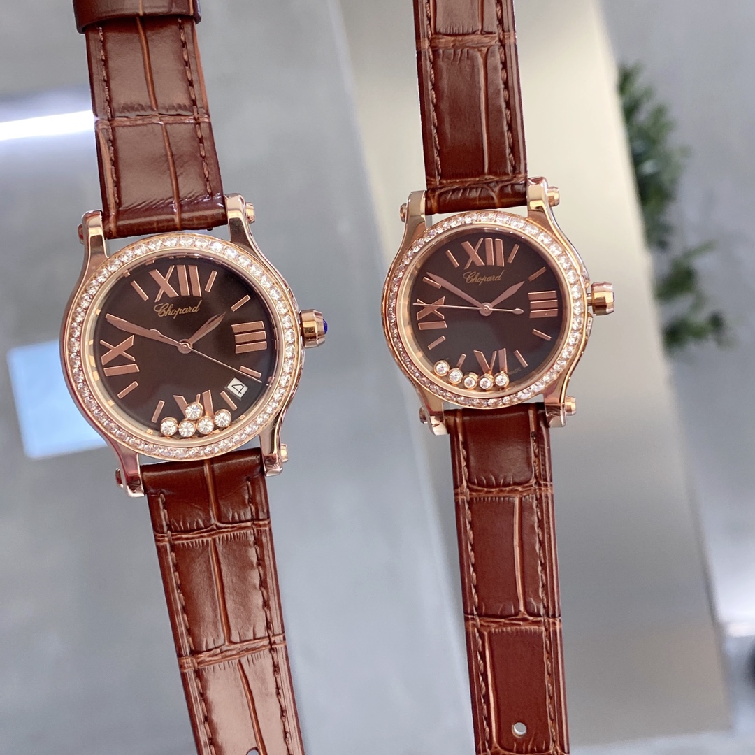 TOP Chopard Happy Sport Diamond Watch  30/36mm- Brown Strap