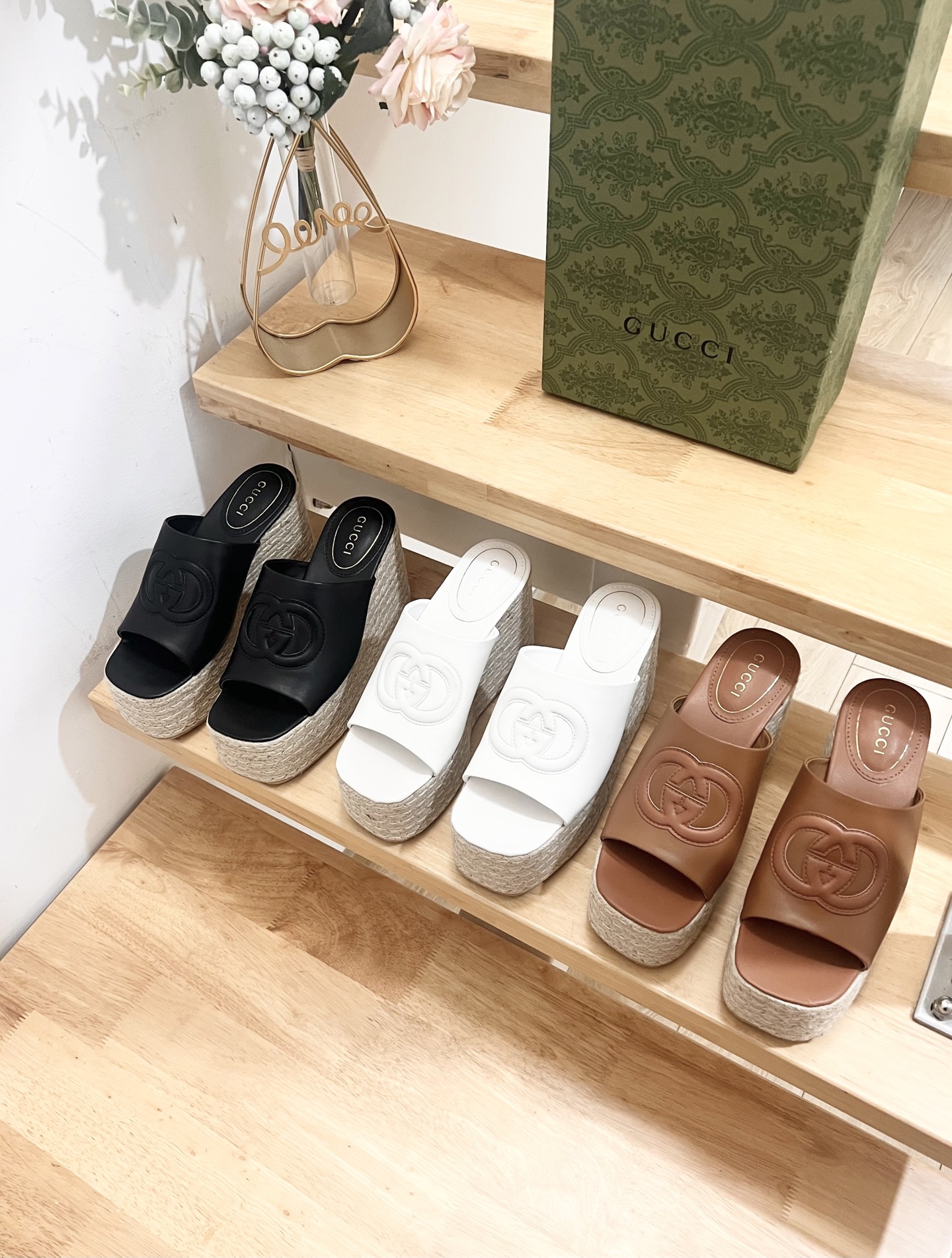 TOP GUCCI Double G Straw Platform Slippers - 3 Color