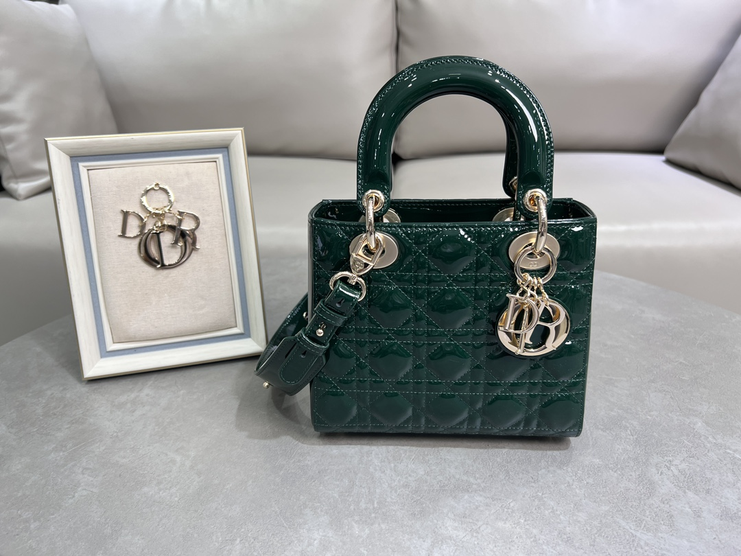 TOP Christian Dior Lady Patent Leather Bag 17*7*15cm /20x17x8cm- Dark Green&GHW