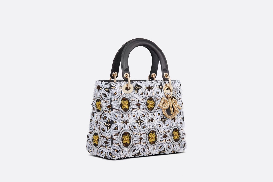 TOP Christian Dior Medium Lady Dior Embroidered Thin Gauze Beads - GHW - Black With White