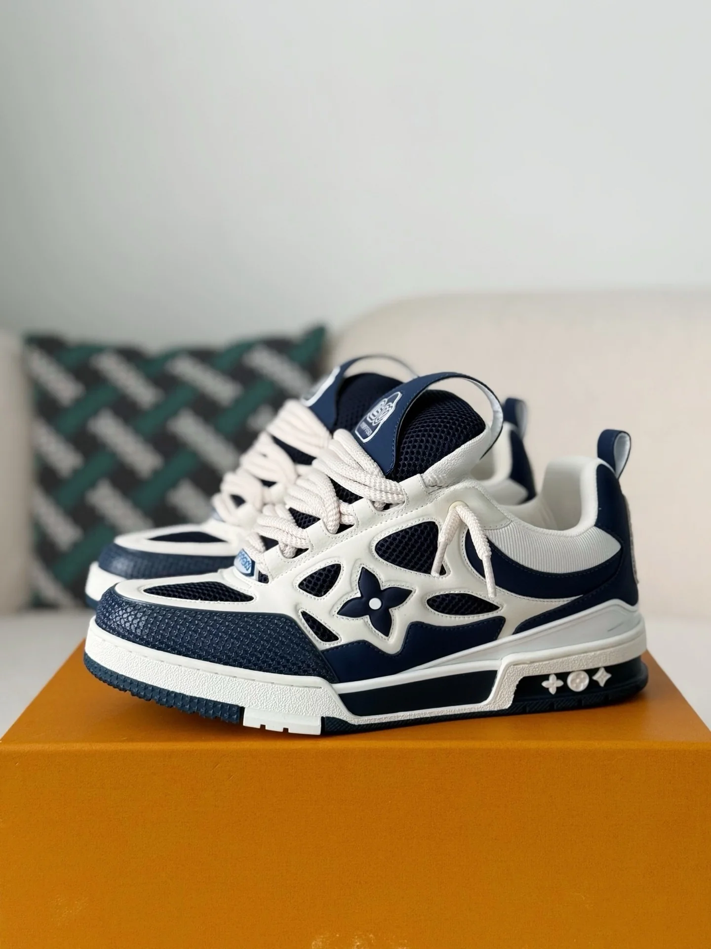Men Mesh Leather Skate Sneakers, Navy White Color Block Thick Rope Lace‑up Casual Street Shoes