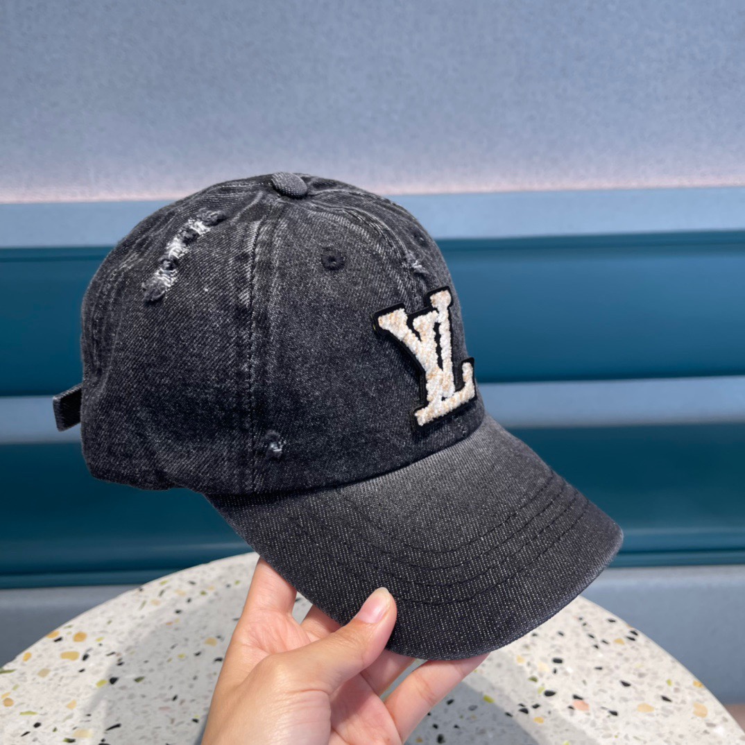 TOP Louis Vuitton LV Denim Washed Embroidery Hat - Black